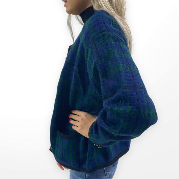 90s TALLY HO Green and Blue Plaid Gold Button Accent Button Up Cardigan - Picture 2 of 7